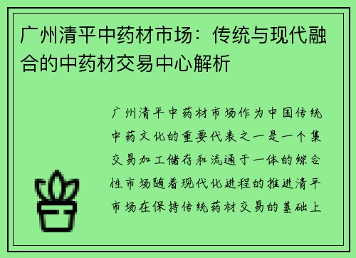 广州清平中药材市场：传统与现代融合的中药材交易中心解析